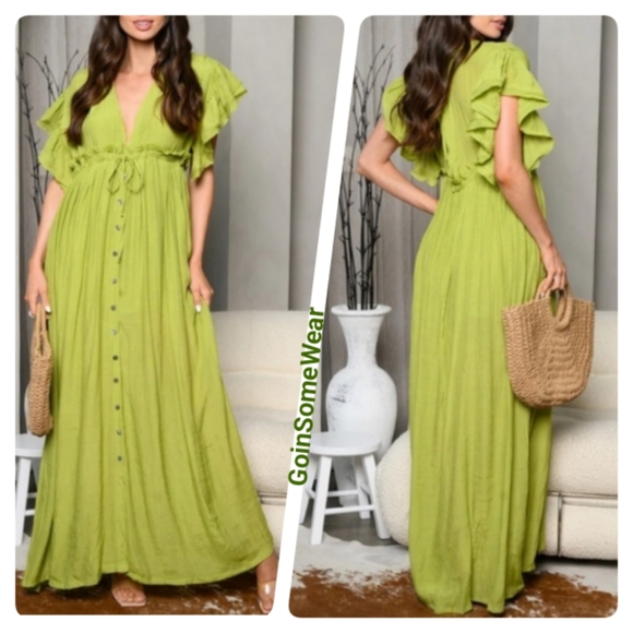 Lime V-Neck Ruffle Sleeves Maxi Dress Sizes Small Medium Large - Picture 1 of 8